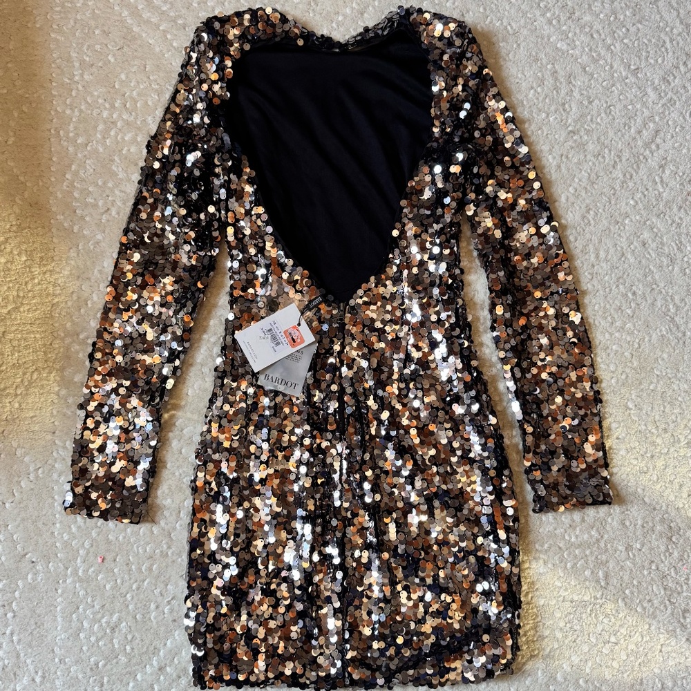 Bardot Valentina Sequin Mini Dress XS Smoke Long Sleeve Party Prom Cocktail NWT